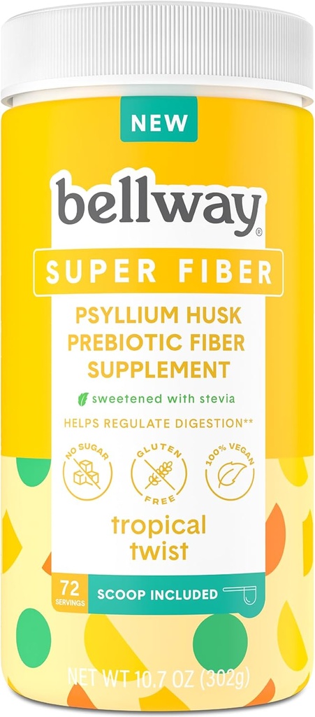 Bellway Super Fiber Supplement Powder - Psyllium Husk Powder, Sugar Free, Vegan, Gluten Free, Tropical Twist, 72 Servings