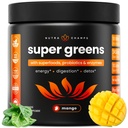 NutraChamps スーパーグリーンパウダープレミアムスーパーフード | 20+オーガニックグリーンベジギー 全フード | 小麦粉グラス・スピルリナ・クロレラ | 抗酸化物質・消化酵素・プロバイオティックブレンド(9.0OZ・マンゴー)