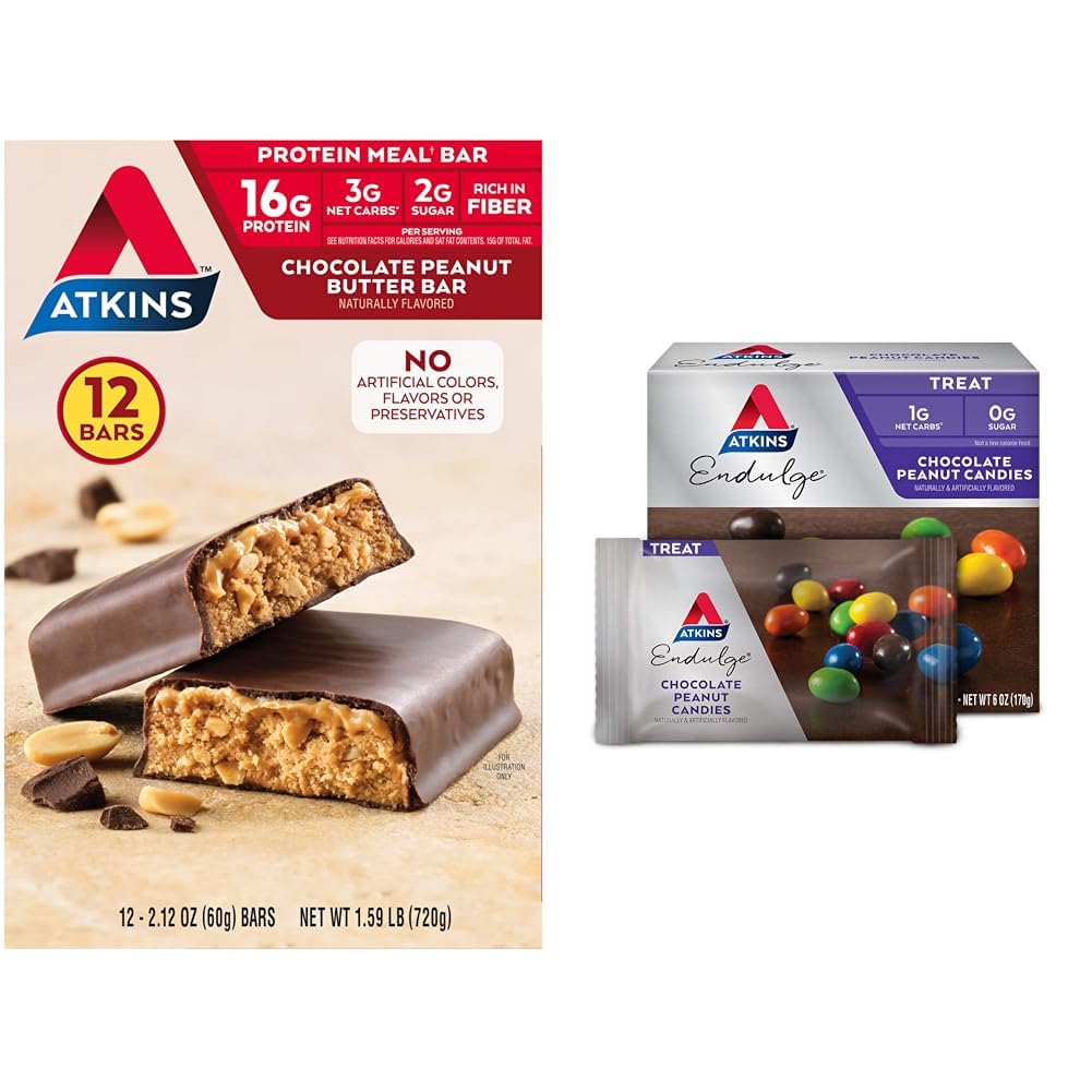 Atkins Chocolate Peanut Butter Protein Meal Bar, High Fiber, 16g Protein, 2g Sugar, 3g Net Carb & Endulge Chocolate Peanut Candies, Dessert Favorite, 0g Sugar, 20 Counts