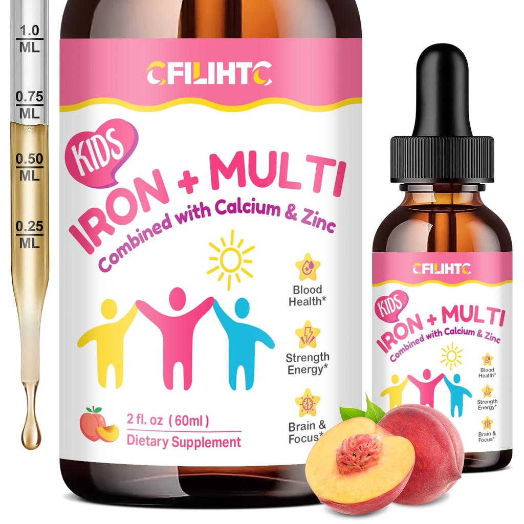 Liquid Iron Supplement for Kids, Women & Men - with Calcium, Zinc, Kids Multivitamin with Iron Drops - Blood Builder & Energy Support for Iron Deficiency, Anemia, Peach Flavor 2 Fl Oz