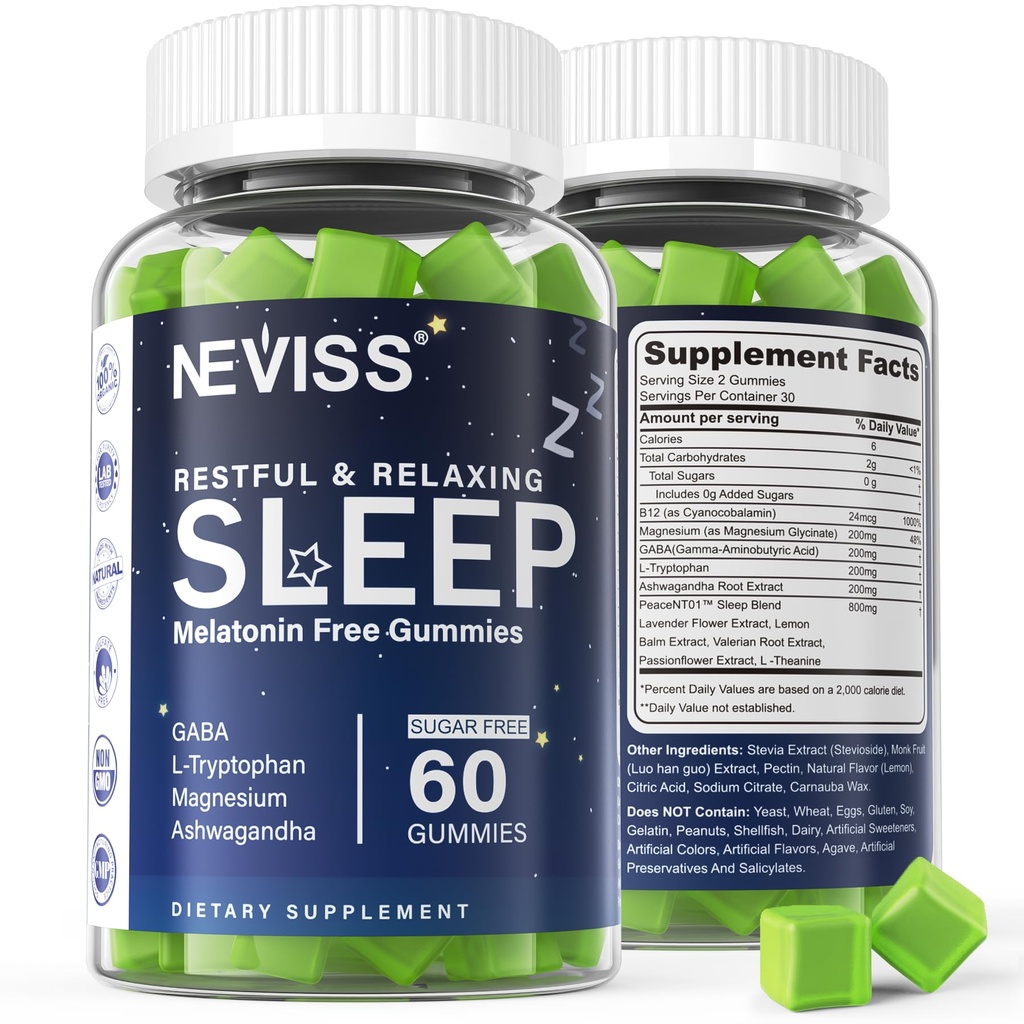 NEVISS Melatonin 大人のための無料の睡眠補助金グミー - マグネシウムグリシナートグミー  GABA、L-Tryptophan、マグネシウム、アシュワガンダ - 非ウサギの形成、ディープリラクゼーションの助け - ビーガン、レモン味、1パック