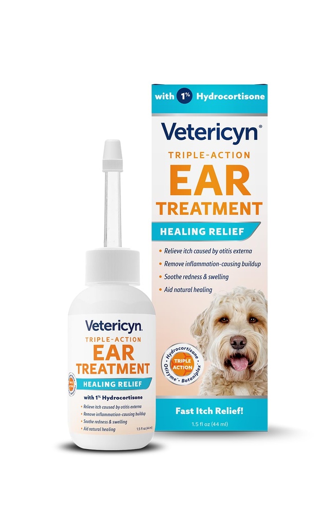 Vetericyn Triple-Action Ear Treatment for Dogs & Cats - 1% Hydrocortisone Ear Drops for Dog Ear Infection Relief - Fast Itch Relief & Healing with Otizyme Blend. 1.5 Ounce