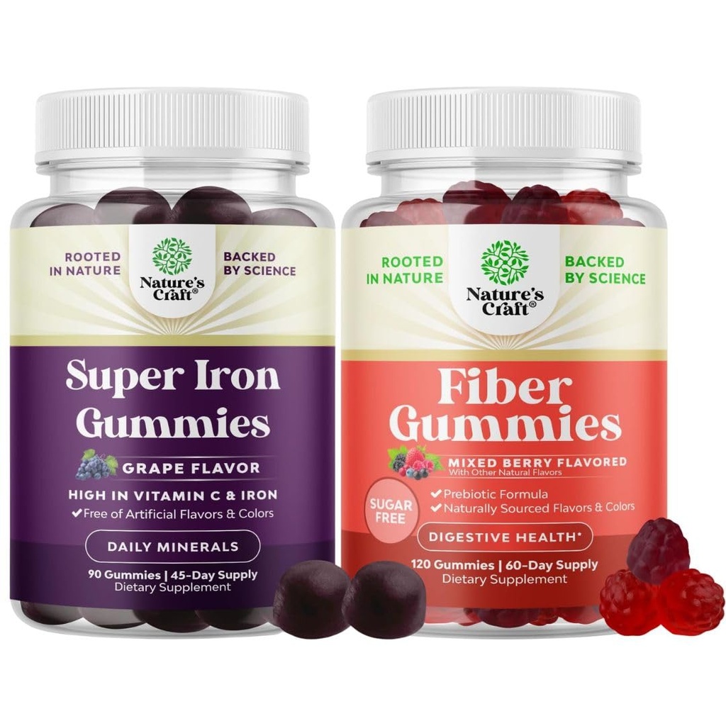 Bundle of Delicious Iron Gummies for Women and Men - Iron Supplement for Women and Men with Vitamin C and Sugar Free Fiber Gummies for Adults - Vitamins for Adults with Prebiotic Soluble Chicory Root