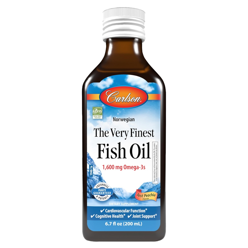 カールソン - 非常に良い魚油、1600 mg Omega-3s、液体の魚油の補足、ノルウェーの魚油、ワイルドキャッチ、持続的に供給された魚油の液体、ちょうどピーチ、200 mL (6.7 Fl Oz)