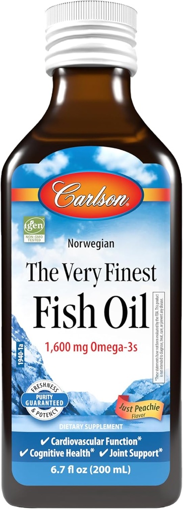 Carlson - The Very Finest Fish Oil, 1600 mg Omega-3s, Liquid Fish Oil Supplement, Norwegian Fish Oil, Wild-Caught, Sustainably Sourced Fish Oil Liquid, Just Peachie, 200 mL (6.7 Fl Oz)