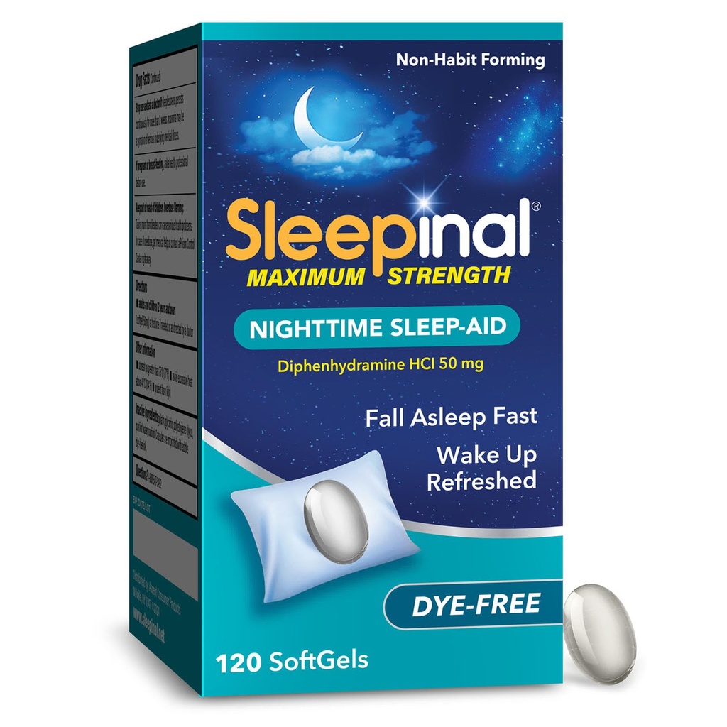 Sleepinal Maximum Strength Nighttime Sleep Aid, Diphenhydramine 50 mg, Dye-Free Soft Gels, Fall Asleep Fast, Non-Habit Forming Sleep Aids for Adults, 120 Count