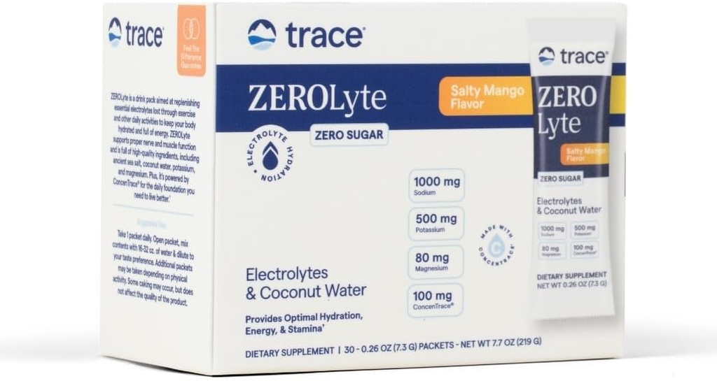 Trace Minerals ZeroLyte - ドリンクミックスパウダーは、水分補給とエネルギーをサポート - エイドズヘルシーナブ&マッスル機能 - ハートと消化の健康をサポート - ソルティマンゴー、30パケット(30のサービング)