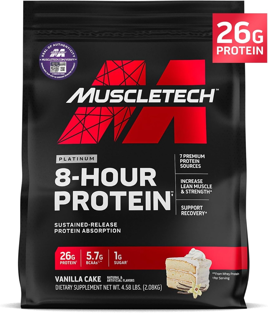 MuscleTech Platinum 8-Hour Protein Powder - 7 プレミアムプロテインソース(Whey&Casein Protein) 増加したリーンマッスル、強度と改善された回復 - バニラケーキ、50サービング