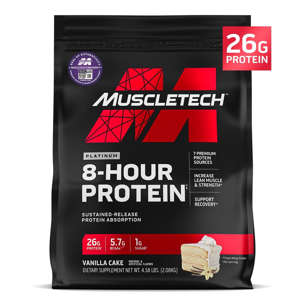 MuscleTech Platinum 8-Hour Protein Powder - 7 プレミアムプロテインソース(Whey&Casein Protein) 増加したリーンマッスル、強度と改善された回復 - バニラケーキ、50サービング