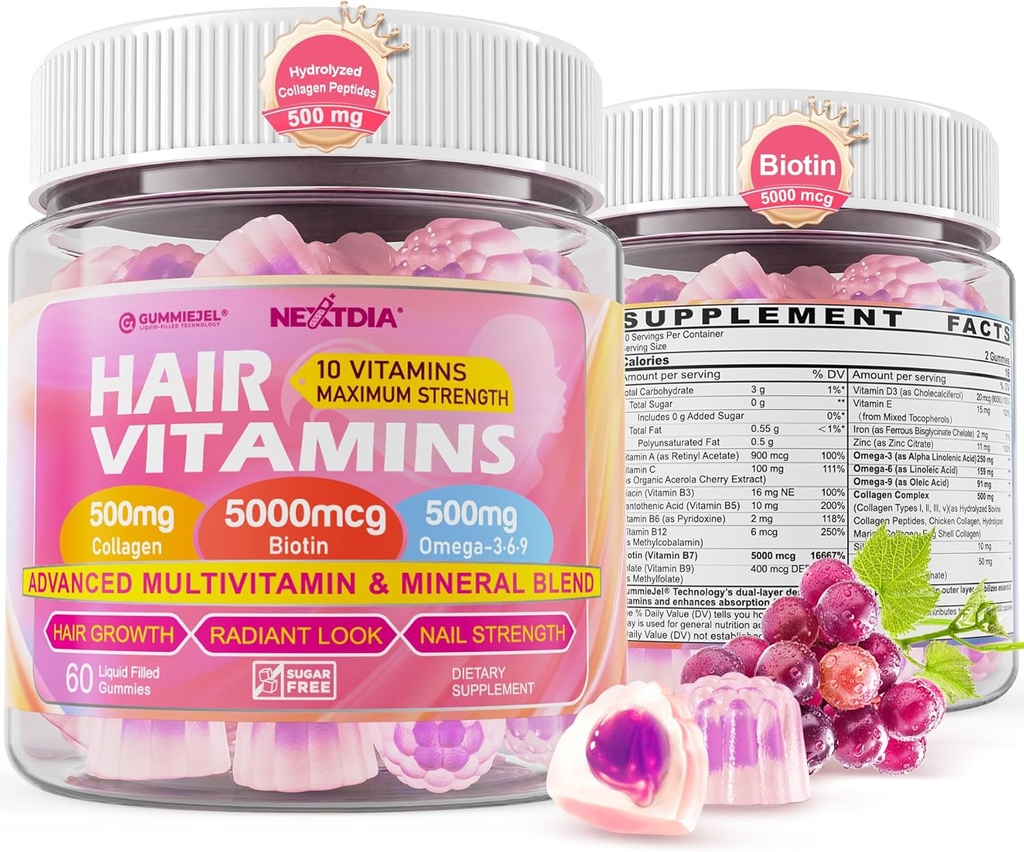 毛の成長のビタミンの液体に満ちたグミ - ビオチン5000mcg、加水分解されたコラーゲンのペプチッド、オメガ3-6-9、Hyaluronic酸、Methylfolate、Methylcobalamin -女性のための健康な毛、皮及び釘の補足
