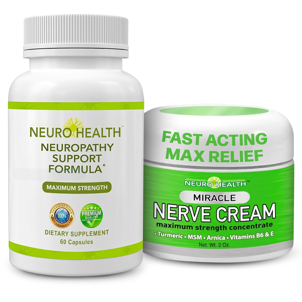 Neuro Health Nerve Support Formula with B Vitamins & Alpha Lipoic Acid & Miracle Nerve Cream for Neuropathy - Maximum Strength Turmeric & Arnica Blend for Comprehensive Neuropathy Support