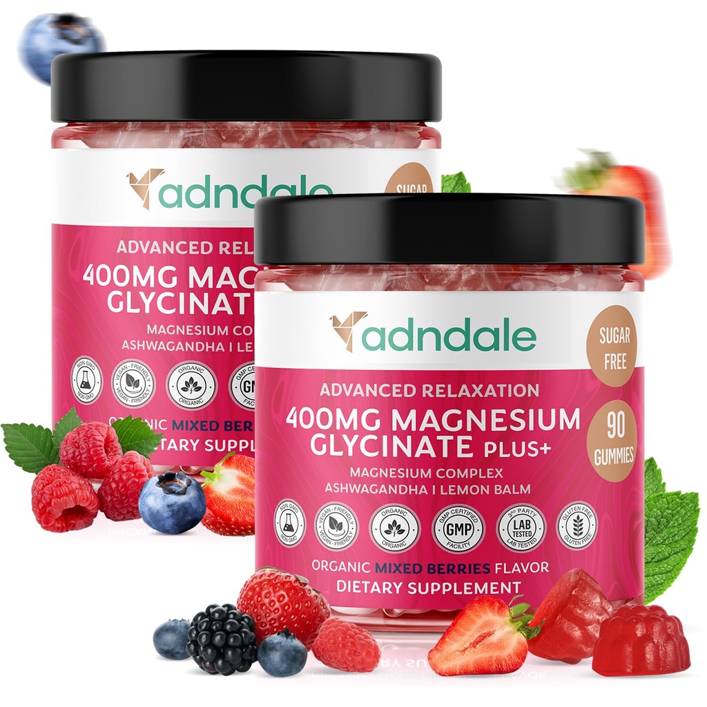 Adndale 180 CT マグネシウムのグリシナートのグミ 400 mg/Serv、ashwagandha、マグネシウムの無光沢、大人及び子供のための砂糖の自由な咀嚼と。