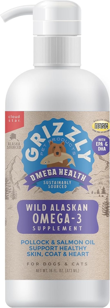 Grizzlyペット製品オメガ健康液体オメガ-3犬と猫のためのサプリメント、16オンスボトル