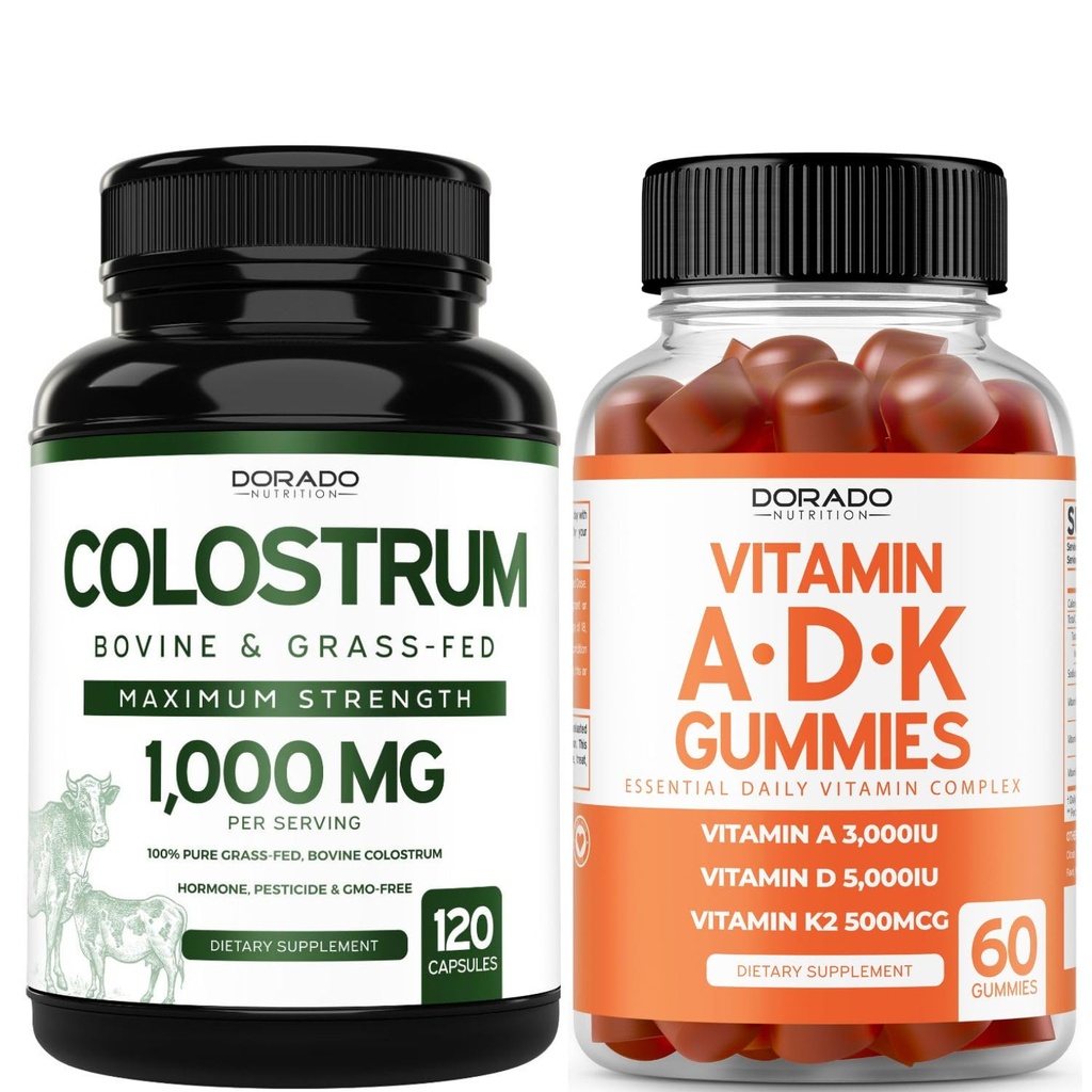 Colostrum (120 カウント) 牛のコロストラムのカプセルは大人およびADKのビタミンD3 (60 ガミー) D & K - 10 ビーガンサプリメント - おいしいラズベリー味 - 非GMO 第三者テスト - 米国製