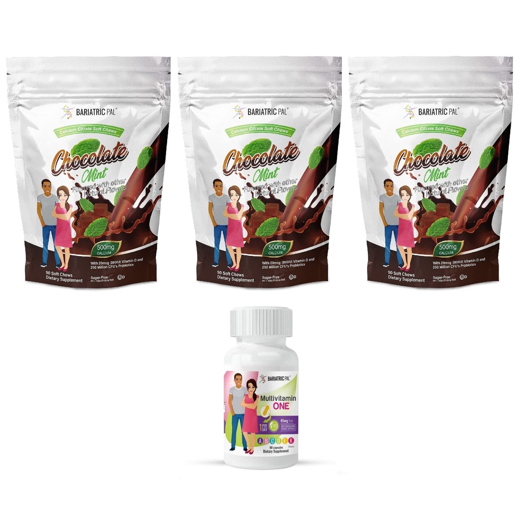 BariatricPal 90 デイ バリアトリ ビタミン バンドル (Multivitamin ONE 1 日)! 45mgの鉄およびカルシウムのクエン酸塩の柔らかい咀嚼500mgのカプセル-チョコレートミント)