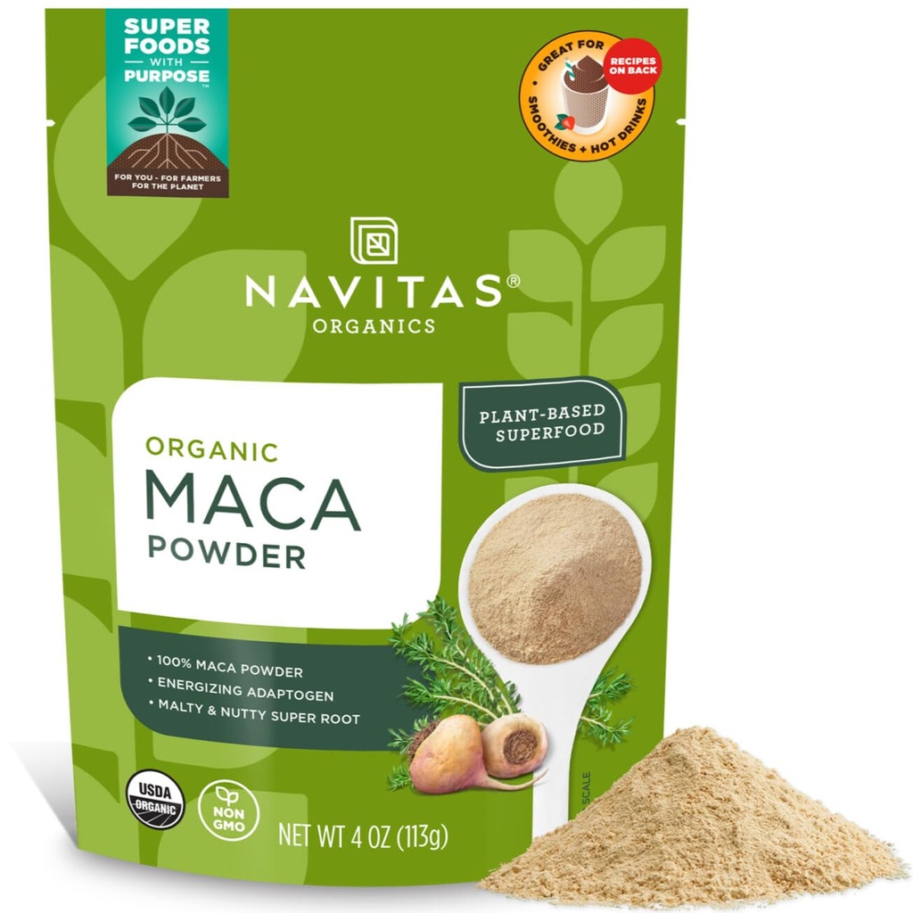 Navitas Organics Maca Powder – 100% Gelatinized Peruvian Maca for Adaptogen Smoothies, Lattes, Baking & More – Energize & Balance - USDA Organic, Non GMO, Vegan, Gluten Free (4oz. Bag, 23 Servings)