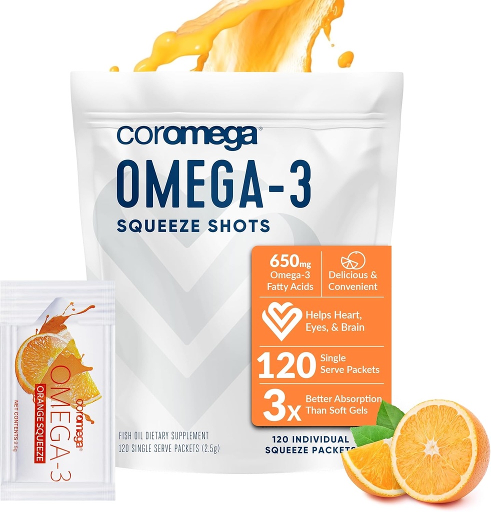 Coromega Omega 3の魚油の補足、3XのOmega-3sの650mgはSoftgels、オレンジ味、120の単一のServe Squeezeのパケットより吸収をよくします