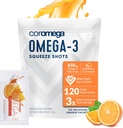 Coromega Omega 3の魚油の補足、3XのOmega-3sの650mgはSoftgels、オレンジ味、120の単一のServe Squeezeのパケットより吸収をよくします