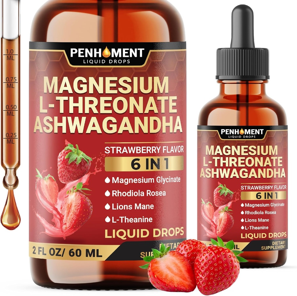 6in1マグネシウムL-Threonate液体はAshwagandha、マグネシウムのGlycinateおよび3と低下します - 脳サポートおよび免疫 - 30日のための2 Fl Oz - いちごの味