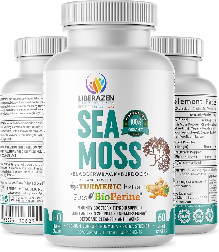 オーガニックアイリッシュ海苔の丸薬 - Sebi Inspired Seamoss Blend with Turmeric, Burdock Root & Bladderwrack, ブラックペッパーで強化 - 60カプセル
