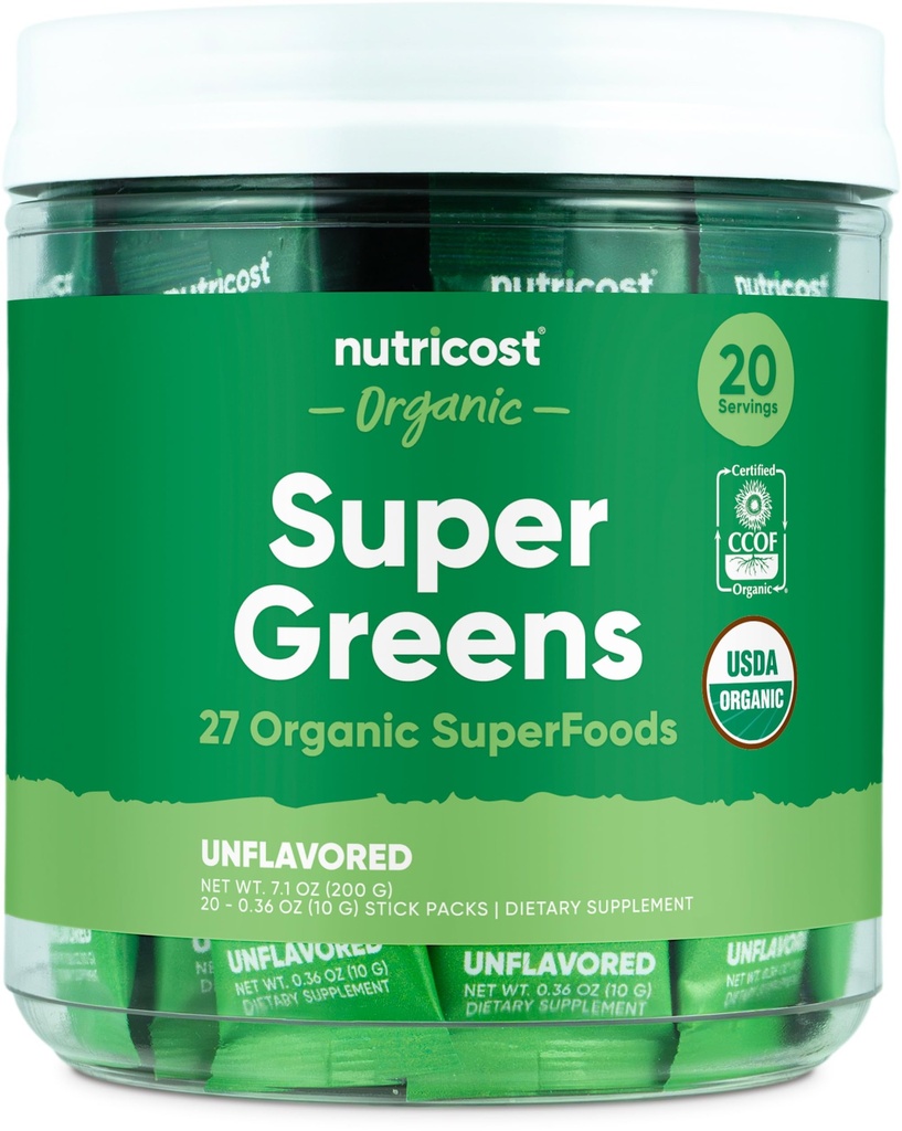 Nutricostオーガニックスーパーグリーン(非風味)20スティックパック - グルテンフリー、非GMO