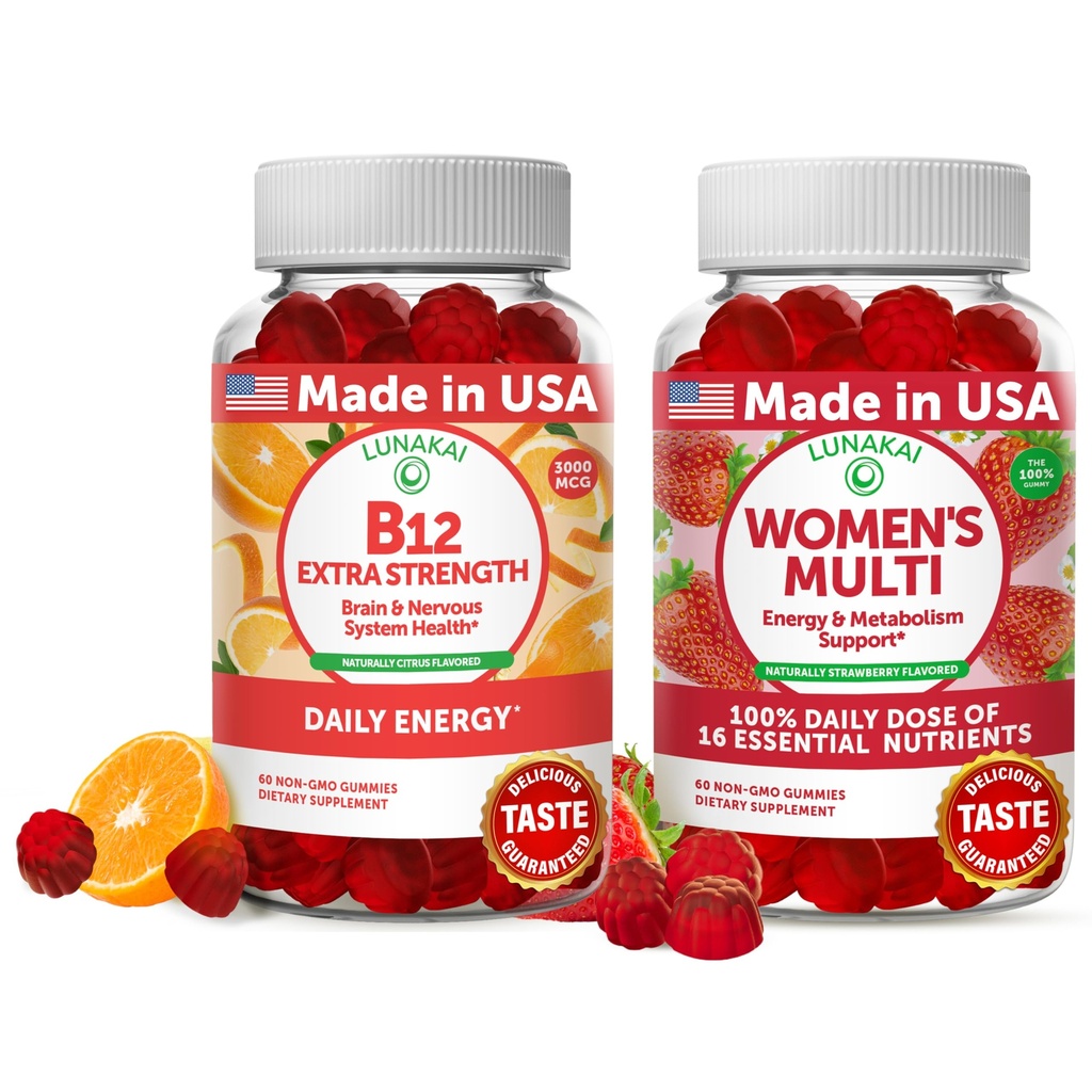 LunakaiのビタミンB12および女性のMultivitaminのガミーの束- 3000mcg Methylcobalaminの高い吸収のエネルギー ガミー- 16の必須ビタミンおよび鉱物の補足の100%の毎日の価値- 30日の供給