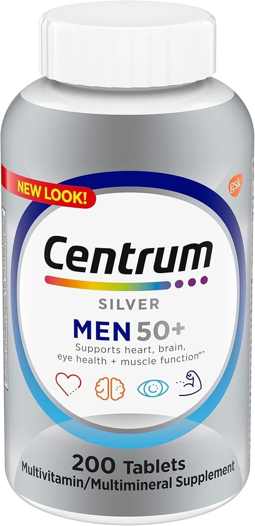 Centrumシルバーメンズ(200カウント)マルチビタミン/マルチミネラルサプリメントタブレット、ビタミンD3