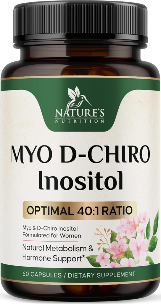Myo-Inositol 2000mg Per Serving With D-Chiro - Optimal Ratio for Ovarian Support, Vegan Myo & D Chiro Supplement for Women's Natural Balance and Hormone Support, Vitamin B8, Non-GMO - 60 Capsules