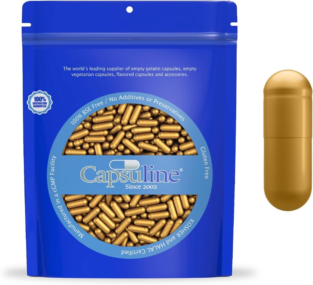 Capsuline Size 0 - Colored Gold Empty Gelatin Capsules - 1000 Count - Empty Gel Pill Capsules - DIY Pure Bovine Pill Capsule Filling - Empty Caps - Kosher and Halal Certified