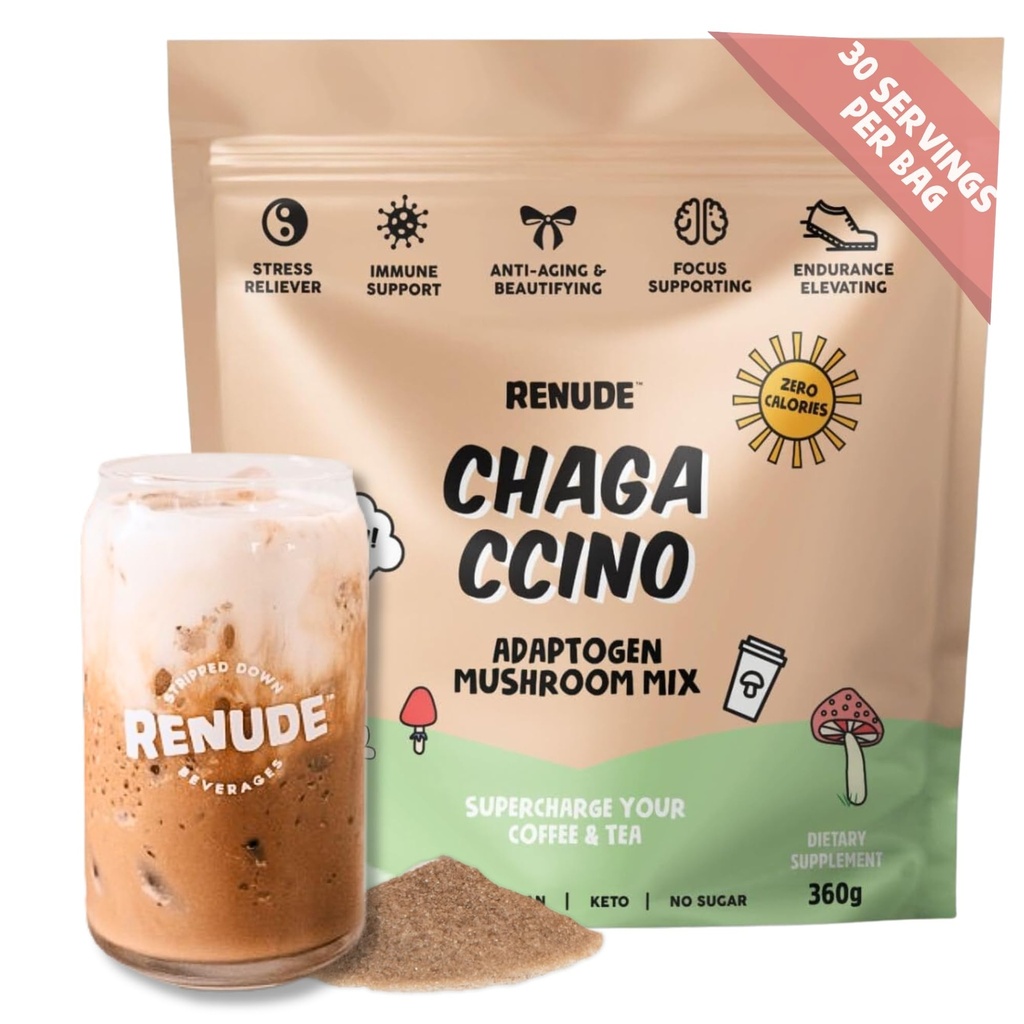 Renude Chagaccino - チャガキノコパウダー、アダプトゲン、自然エネルギーと免疫サポート、ビーガン、ケト、ゼロカロリーキノコブレンドパウダー - 30サービング