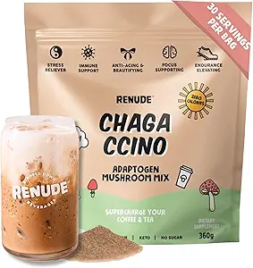 Renude Chagaccino - チャガキノコパウダー、アダプトゲン、自然エネルギーと免疫サポート、ビーガン、ケト、ゼロカロリーキノコブレンドパウダー - 30サービング