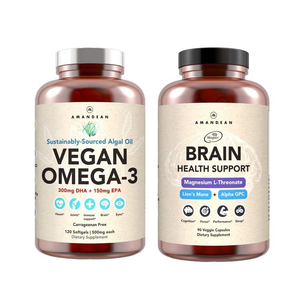 AMANDEAN Brain & Vegan Omega-3 バンドル: マグネシウム Threonate, 米国-Grown Lion’s Mane 6:1, Alpha-GPC & Algae DHA/EPA. 脳のための植物ベースのエッセンシャル脂肪, 目, 心 & 皮膚の健康. 魚油代替。
