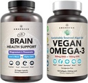 AMANDEAN Brain & Vegan Omega-3 バンドル: マグネシウム Threonate, 米国-Grown Lion’s Mane 6:1, Alpha-GPC & Algae DHA/EPA. 脳のための植物ベースのエッセンシャル脂肪, 目, 心 & 皮膚の健康. 魚油代替。