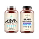AMANDEAN Brain & Vegan Omega-3 バンドル: マグネシウム Threonate, 米国-Grown Lion’s Mane 6:1, Alpha-GPC & Algae DHA/EPA. 脳のための植物ベースのエッセンシャル脂肪, 目, 心 & 皮膚の健康. 魚油代替。