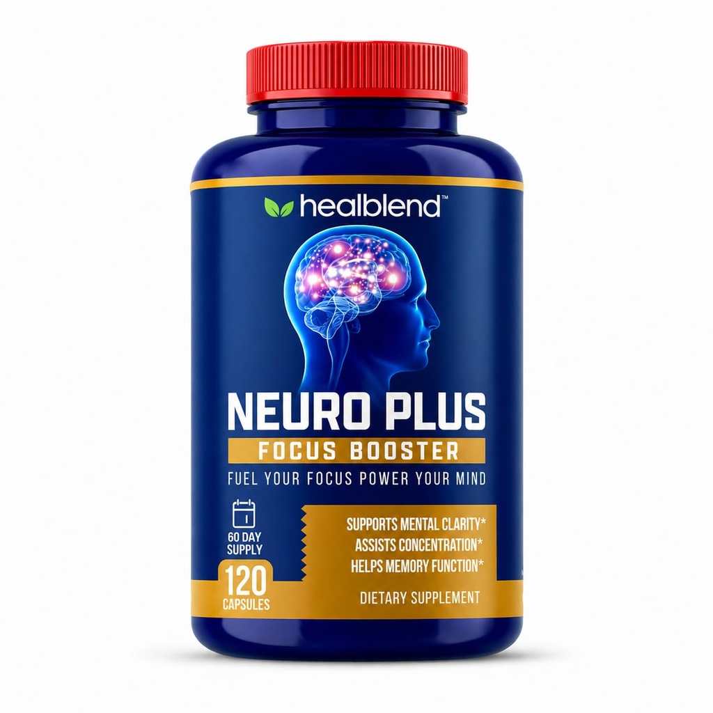 healblend Neuro Plusフォーカスブースター - ビタミンB6、B12、フォーレートを備えた高度な脳サポートサプリメント - メモリ、集中、メンタルクラリティと認知機能を改善する - 120カプセル