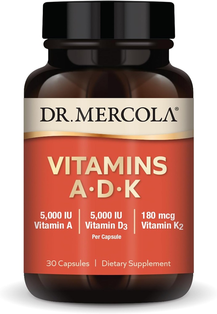 Mercola Vitamins ADK、30サービング(30カプセル)、栄養補助食品、5000 IUビタミンA&ビタミンD3、180 mcgビタミンK2、免疫健康、非GMOをサポート