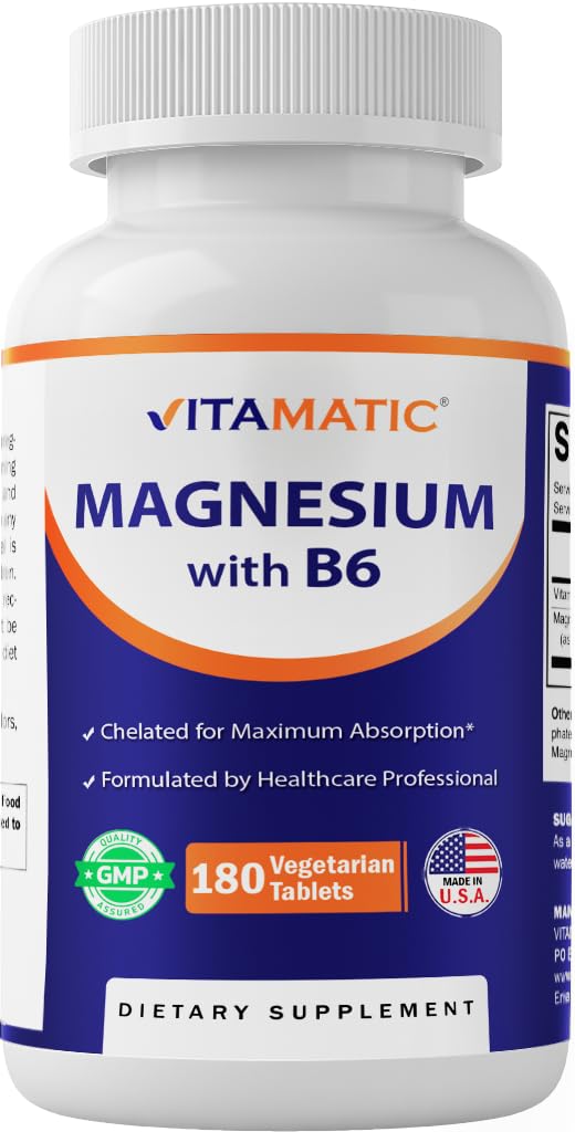 B6-180のベジタリアンタブレット(Uncoated)が付いているVitamaticのマグネシウム-最高の吸収のためのB6-加えられた-サポート 筋肉、接合箇所および中心の健康