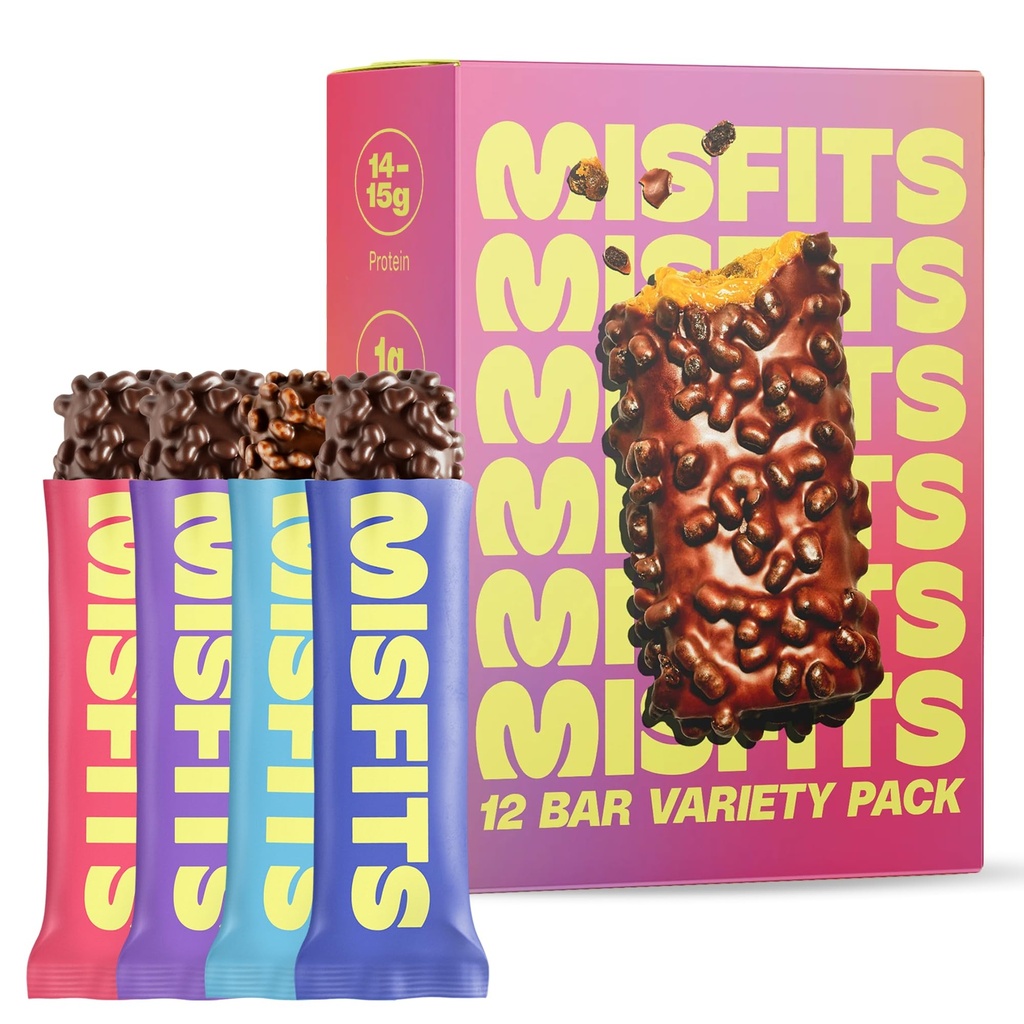 Misfits Protein Bar - 高たんぱく質キャンデーバー | グルテンフリー工場ベース、低砂糖&炭水化物、ハイファイバースナック | バラエティパック(12(4種類)