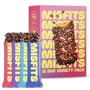 Misfits Protein Bar - 高たんぱく質キャンデーバー | グルテンフリー工場ベース、低砂糖&炭水化物、ハイファイバースナック | バラエティパック(12(4種類)