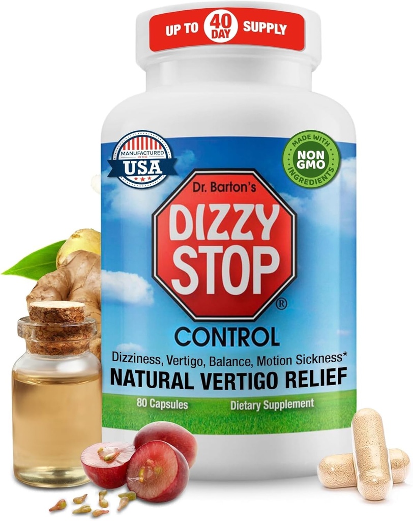 Dizzy Stop Dr. Barton's Vertigo Relief Products with Ginger and Grape Seed - Non-Drowsy Motion Sickness Pills for Dizziness Relief and Inner Ear Balance - 80 Count