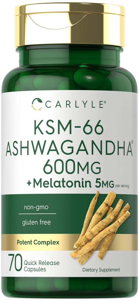 カーライル KSM-66 アシュワガンダ カプセル 600mg | 70 カウント | メラトニン 5mg | 強力な複合体 | 非GMO、グルテンフリー