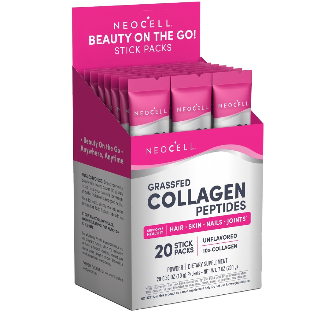 NeoCell Collagen Peptides Powder Packets | 20 Stick Packs | Grass Fed Bovine | Unflavored Supplement | Hair, Skin, & Nails | for Women and Men
