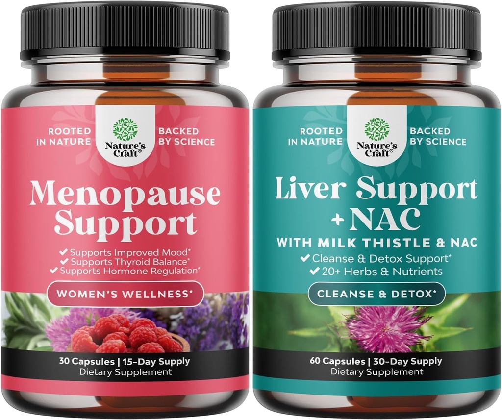 Bundle of Menopause Supplement for Hot Flashes with Dong Quai Vitex Chaste Berry & Black Cohosh and Liver Support NAC - Milk Thistle N Acetyl Cysteine with Turmeric, Choline, Dandelion & L-Glutathione
