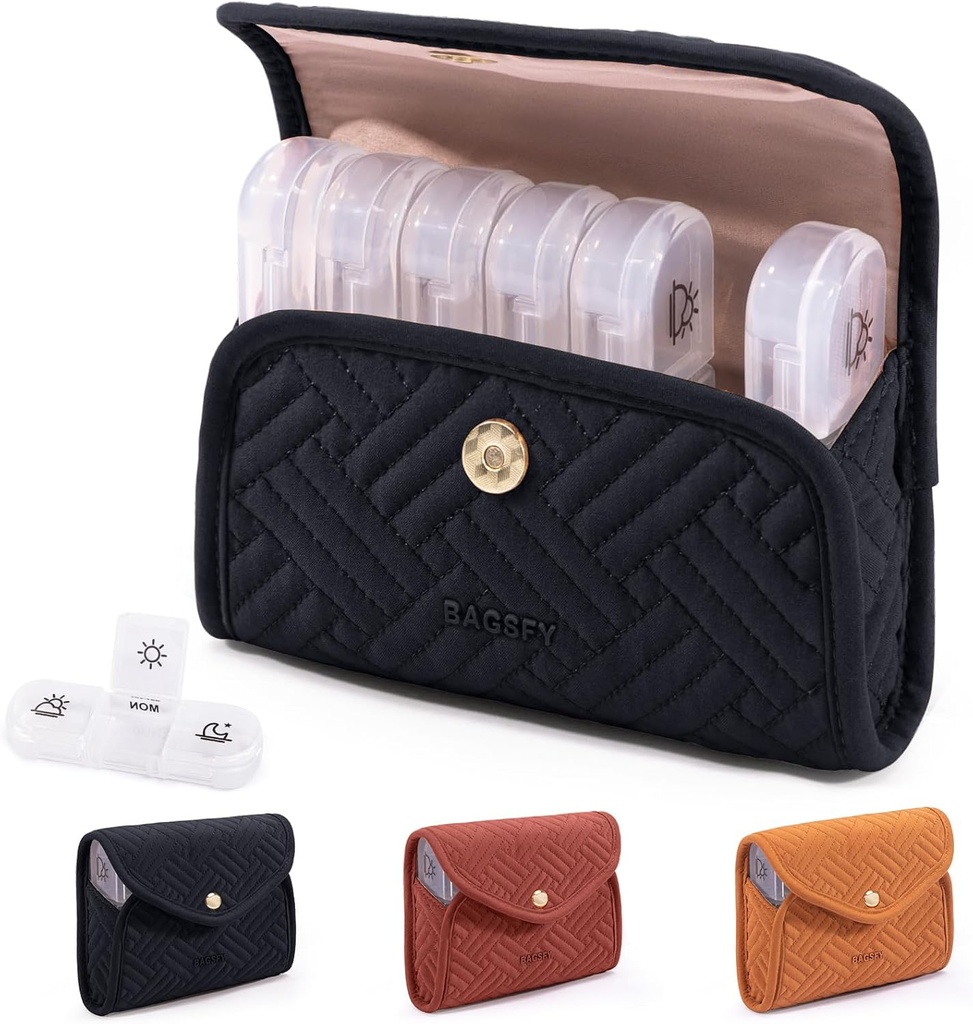 BAGSFYウィークリーピルオーガナイザー3は、かわいい生地のピルケース、薬の丸薬オーガナイザー、ピルボックス、ポータブルトラベルピルケース、薬用ピル容器、ビタミン、魚油、サプリメント