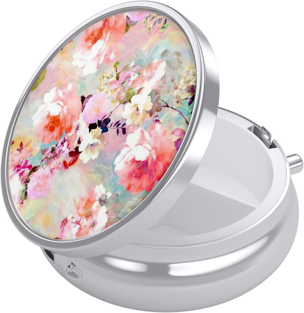 Nipichshaの丸薬箱、財布のための小さい丸薬箱及びポケット、かわいい旅行薬のオルガナイザー、ビタミン、薬、魚油及び補足、ピンクの水彩色の花を握る携帯用薬の容器のホールダー