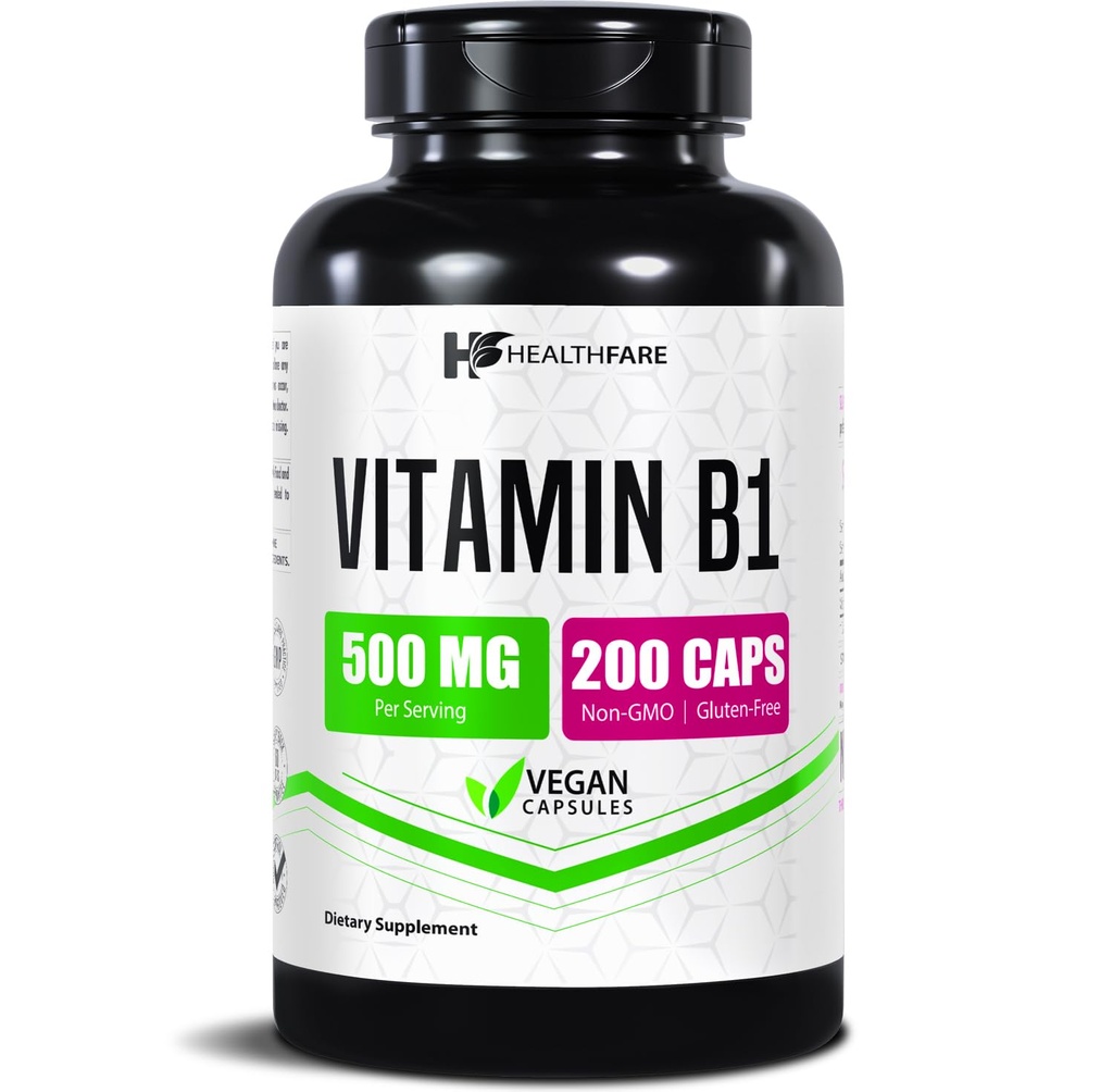 ビタミンB1(チアミン) 500mg | 200 ビーガンカプセル | エクストラ強度の高い効力サプリメント | エネルギー・神経系をサポート | 非GMO、グルテンフリー | アメリカ製