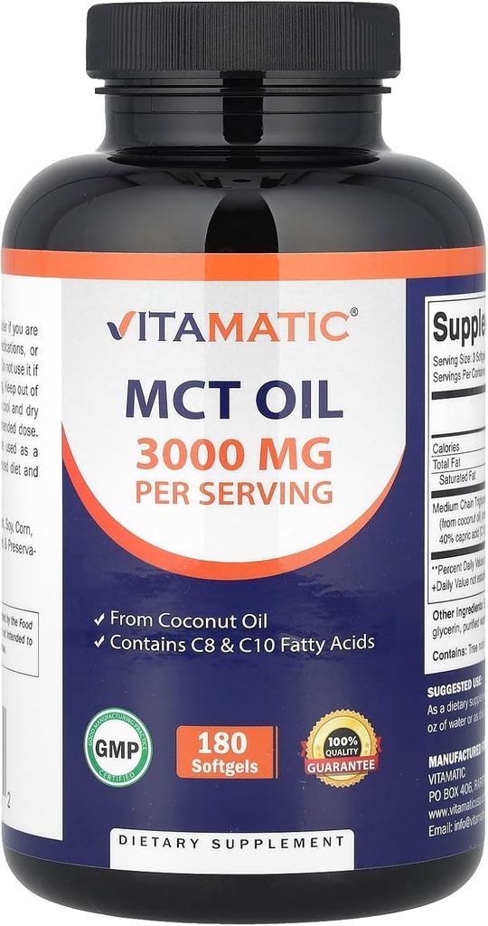 仮想MCT サービングごとのオイル3000のmg - 180のSoftgels -ココナッツ油から- 55%のカプリル酸C8および40%のカプリル酸C10が含まれています