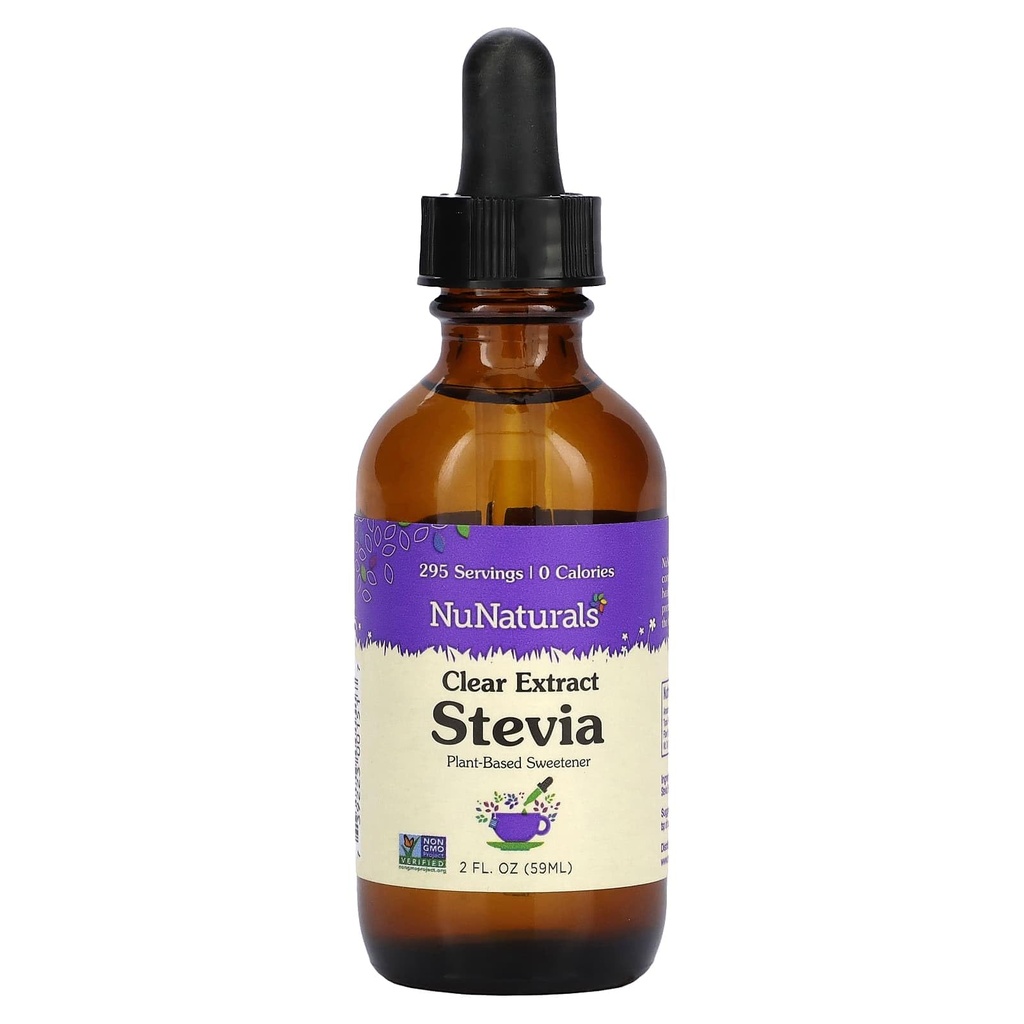 NuNaturals Clear Extract Stevia, Plant-Based Sweetener, Unflavored, Glass Bottle, 2oz