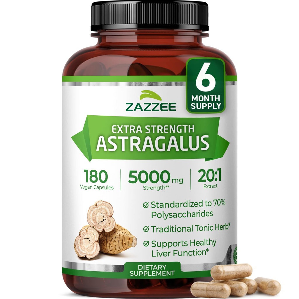 Zazzeeの余分強さのAstragalusの根20:1のエキス、5000のmgの強さ、70%の多糖類、180のビーガンカプセル、6か月の供給、100%のベジタリアン、標準化され、集中された20Xのエキス、非GMO