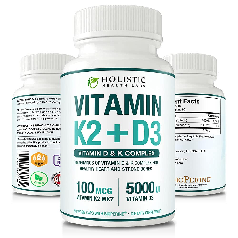 MK-7(Menaquinone-7)およびCholecalciferol (BioPerineと) 3ヶ月の供給-健康な中心および強い骨のためのK2のD3とのD3の供給-の最高の吸収のビタミンK2 + D3 (5000IU) 90の野菜のカプセル 非GMO